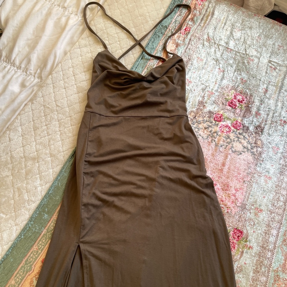 SOLD Shein Bae|Olive Brown Maxi Dress with thigh Slit Open Back|Large|NWT - Picture 3 of 6